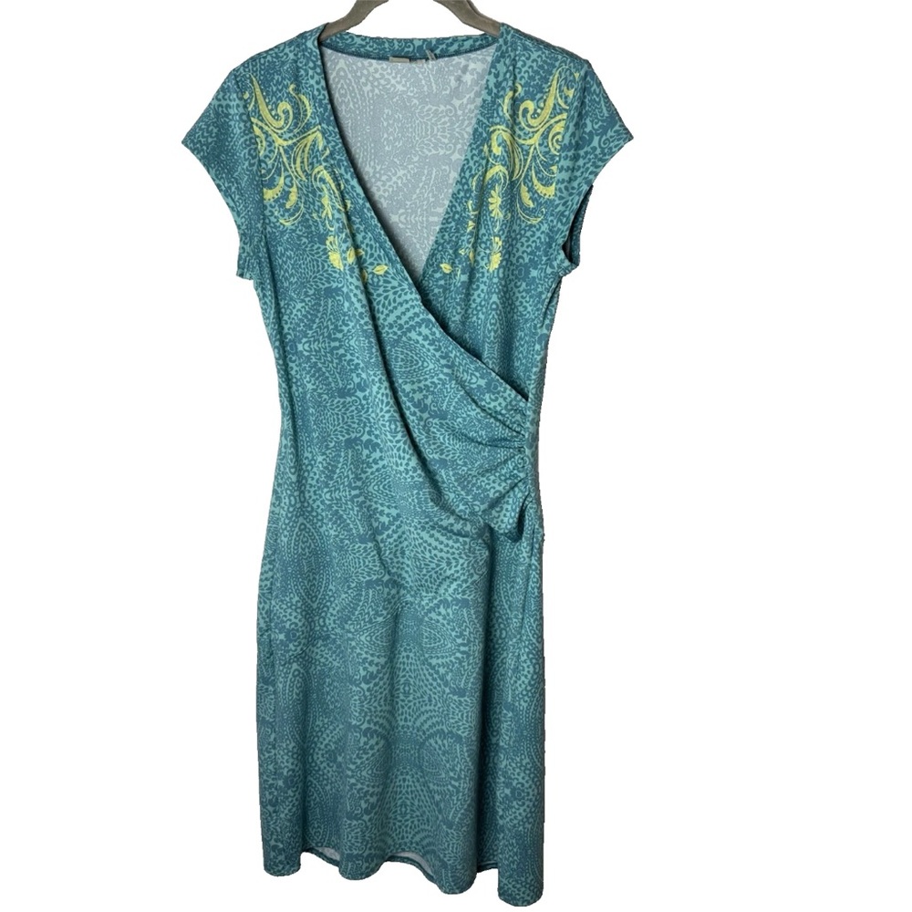 Athleta Dress Size Small Teal Patterned Wrap Style Stretch V-Neck Short Sleeves